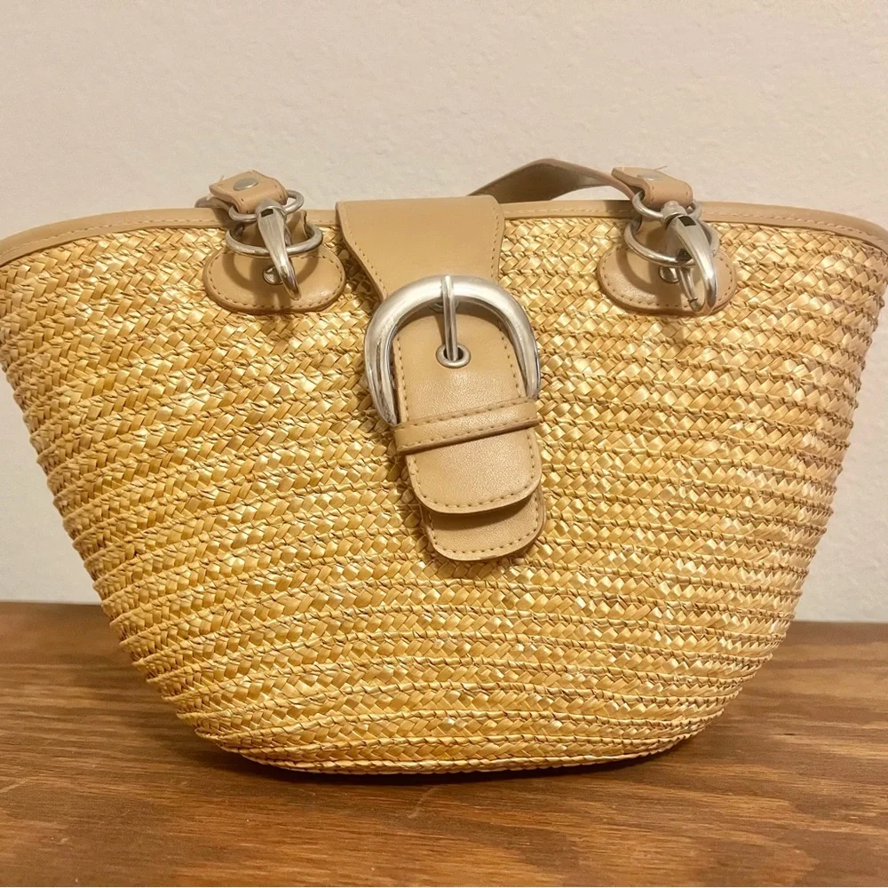 NWOT St. John’s Bay Tan Straw Satchel Summer Tote with Beige Trim - Picture 5 of 13